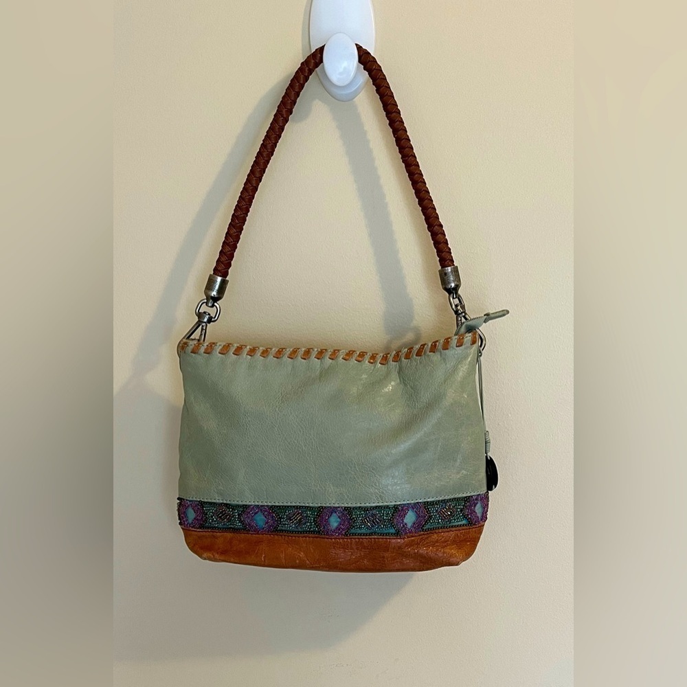 The Sak Boho Leather Beaded Braided Handle mint brown purple medium hand bag EUC